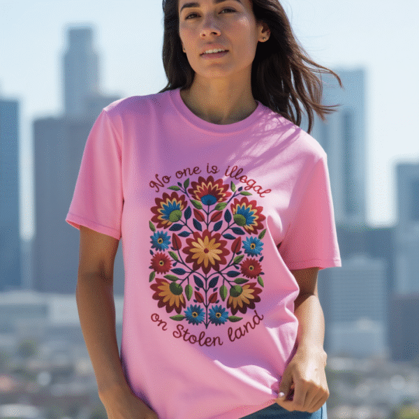 Colorful Folk Art Unisex Softstyle T-Shirt of No one is illegal on Native land Protest Shirt, Vibrant Ethnic Tee, Indigenous Rights Activist - Image 5