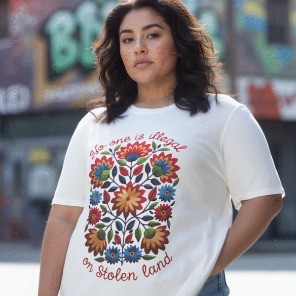 Colorful Folk Art Unisex Softstyle T-Shirt of No one is illegal on Native land Protest Shirt, Vibrant Ethnic Tee, Indigenous Rights Activist - Image 3