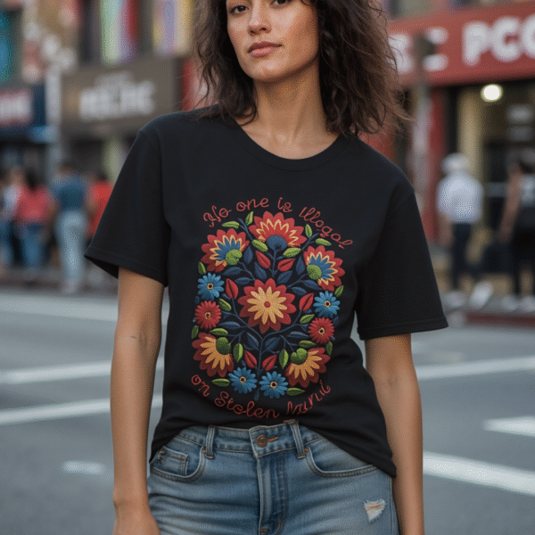 Colorful Folk Art Unisex Softstyle T-Shirt of No one is illegal on Native land Protest Shirt, Vibrant Ethnic Tee, Indigenous Rights Activist - Image 2