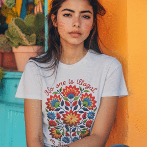 Colorful Folk Art Unisex Softstyle T-Shirt of No one is illegal on Native land Protest Shirt, Vibrant Ethnic Tee, Indigenous Rights Activist