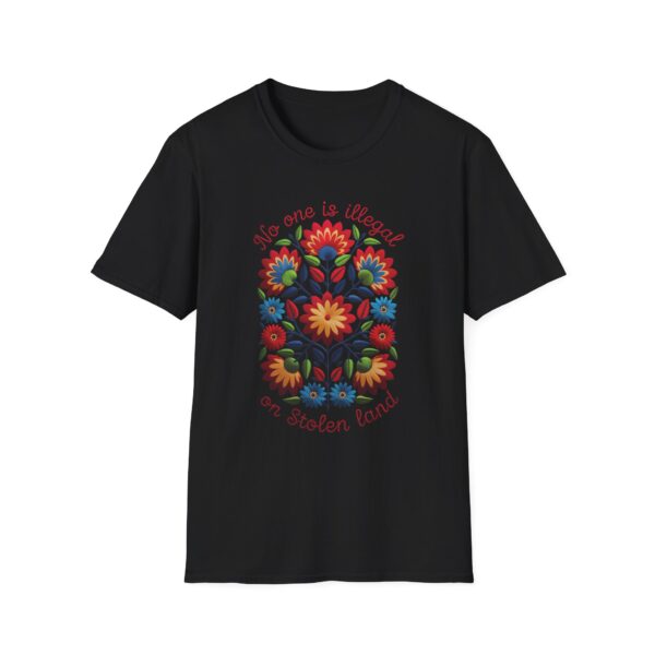Colorful Folk Art Unisex Softstyle T-Shirt of No one is illegal on Native land Protest Shirt, Vibrant Ethnic Tee, Indigenous Rights Activist - Image 7