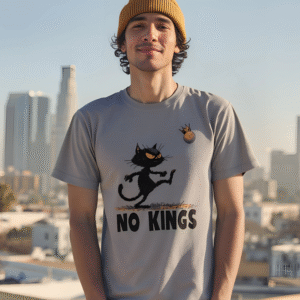 No Kings Day Tshirt with Cat kicking crown.